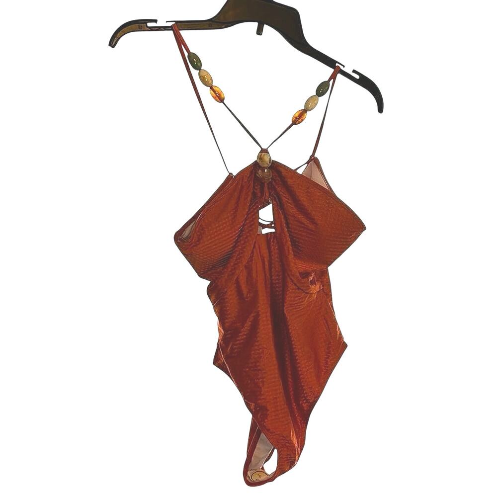 NWT Women’s Burnt Orange Beaded Halter One Piece Swimsuit Size M